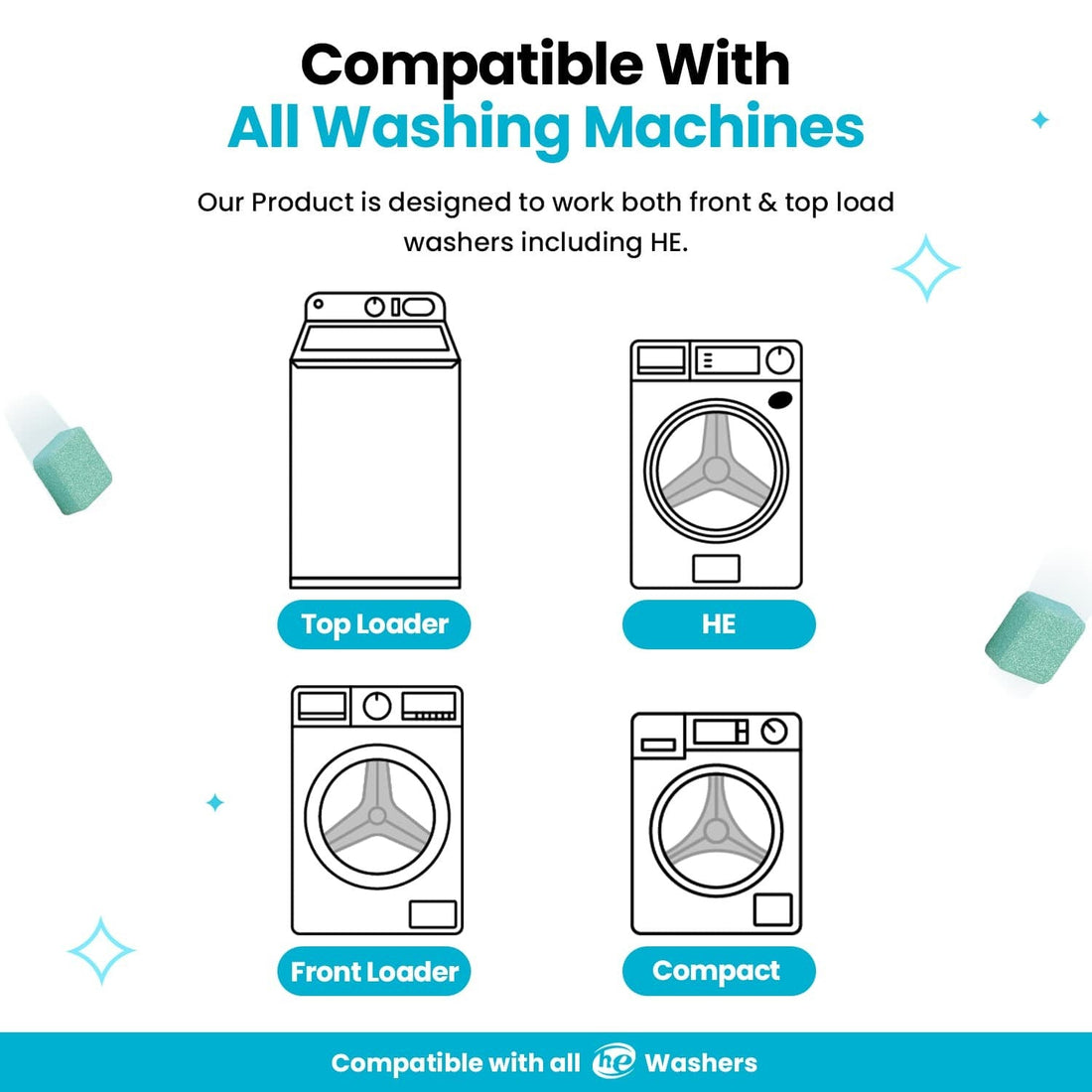 Compatible with top loader, HE, front loader and compact washers
