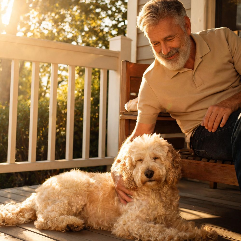 A relaxed, freshly groomed cockapoo on a sunny porch with its owner