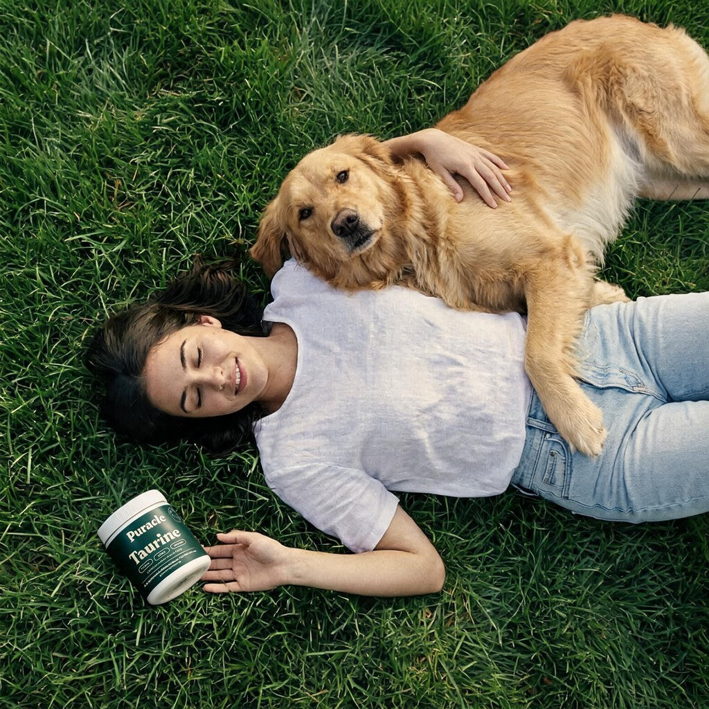 A woman and her golden retriever on the grass