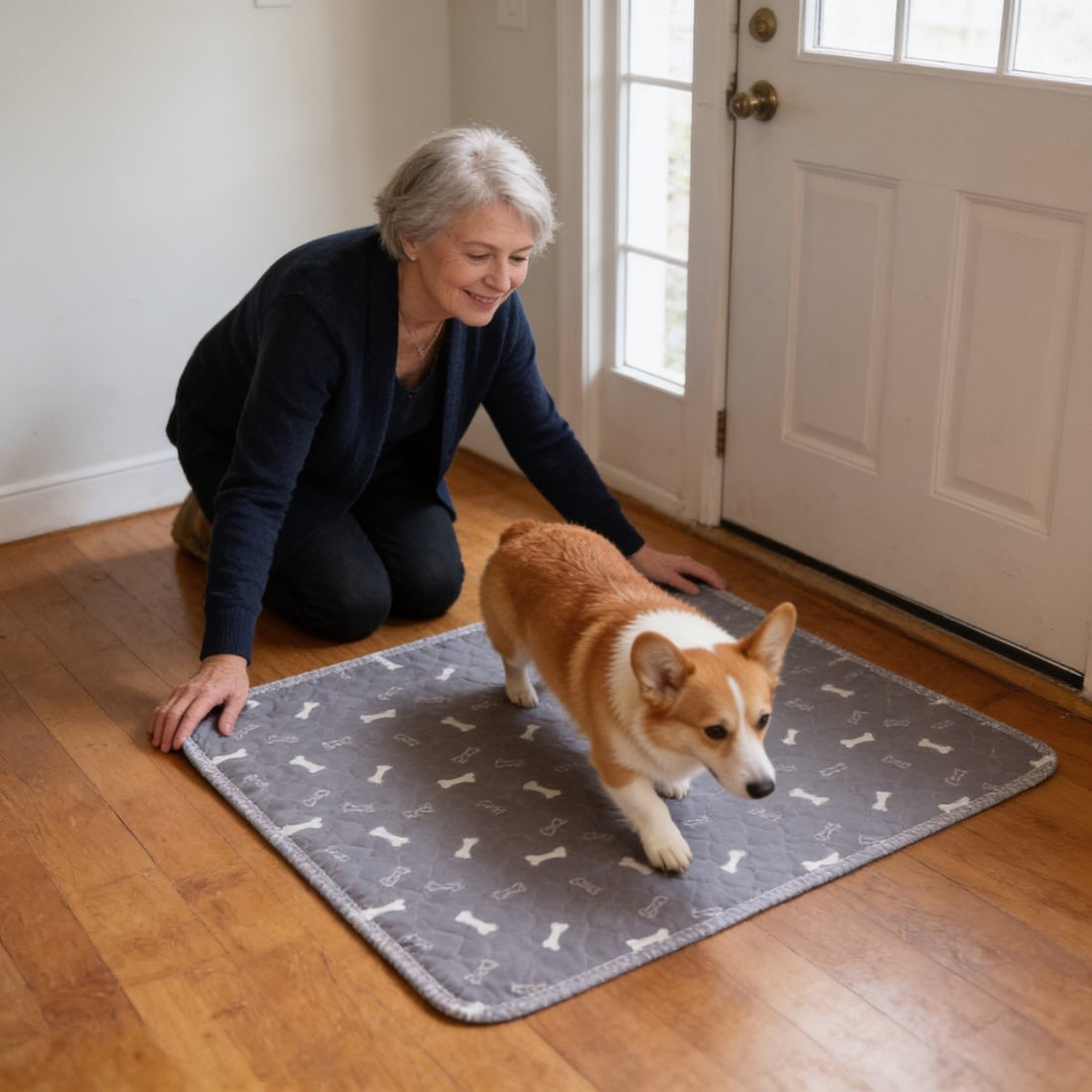 Corgi walking onto a Gray pad