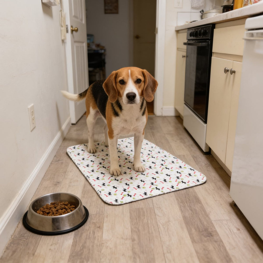 Beagle on a White pad in the kitchen