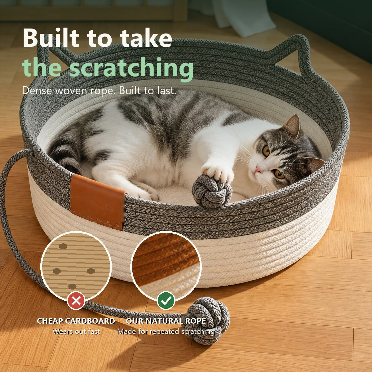 Cat playing with the rope ball toy