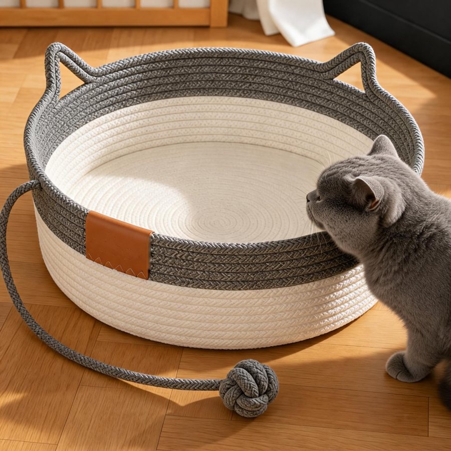 Cat rubbing its cheek on the rope rim