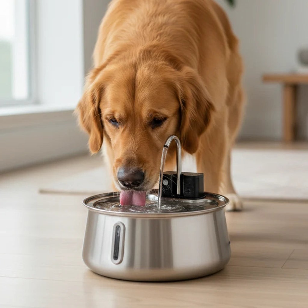 A golden retriever drinking from the fountain
