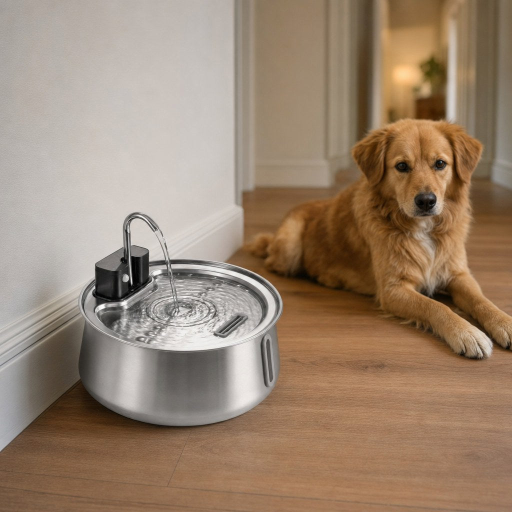 A dog lying beside the fountain in a hallway