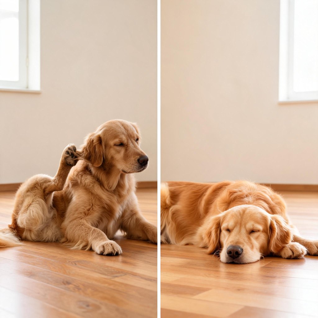 The same retriever scratching with a dull coat, then lying calmly with a glossy coat