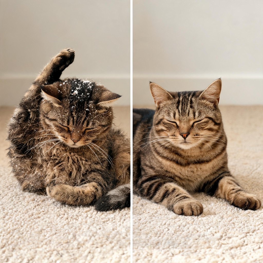 The same cat scratching with a greasy coat, then relaxed with a sleek coat