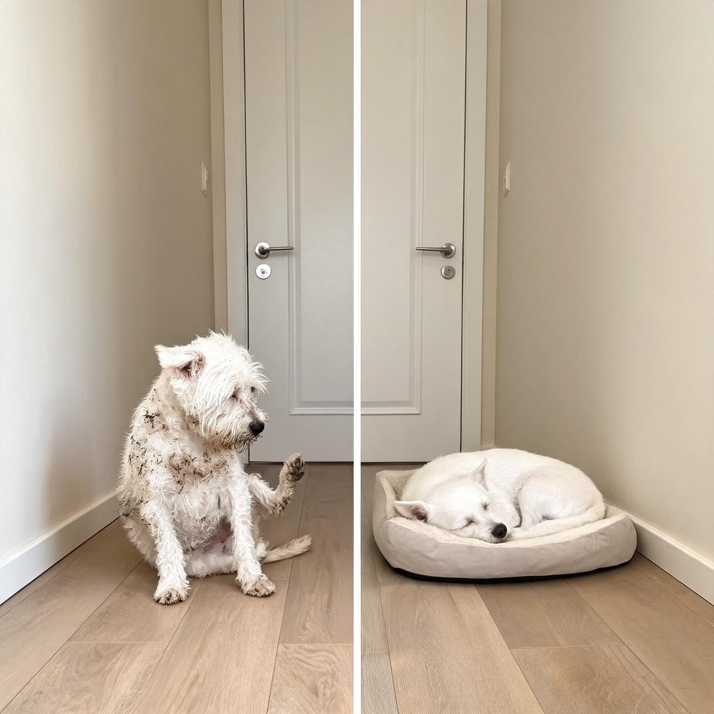 The same terrier scratching with a grubby coat, then asleep and clean