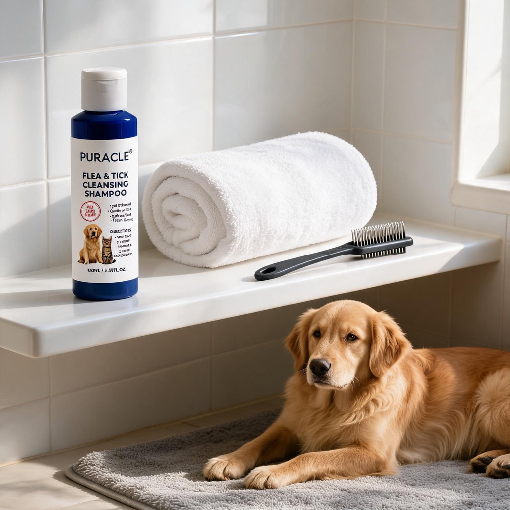 The bottle beside a towel and a flea comb