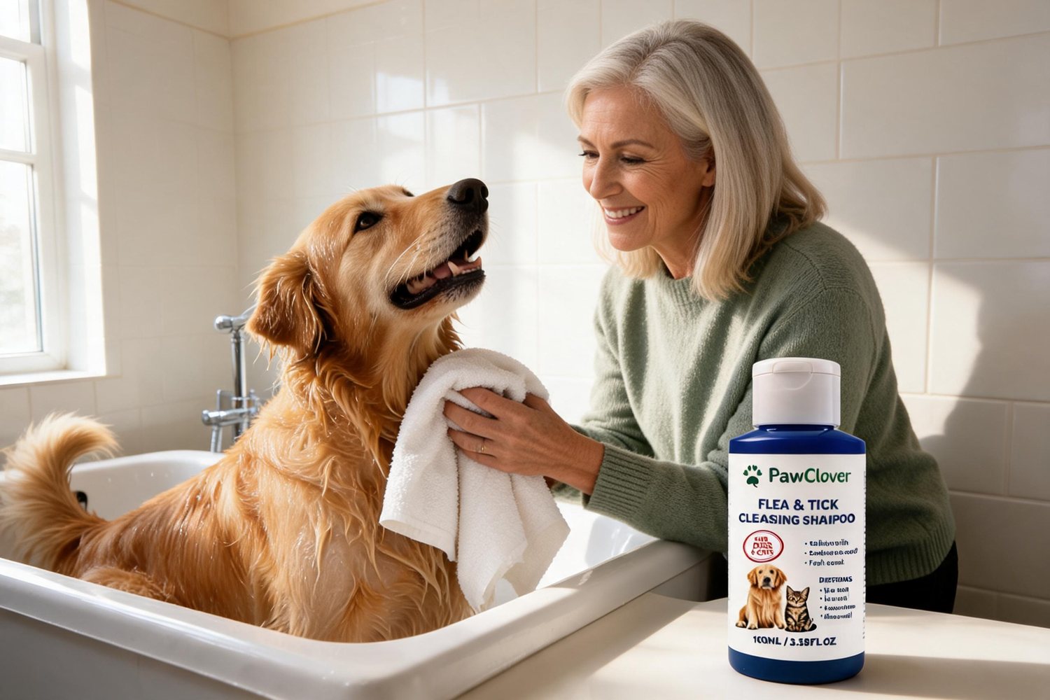 A woman towelling off a happy golden retriever after a bath, PawClover shampoo on the tub