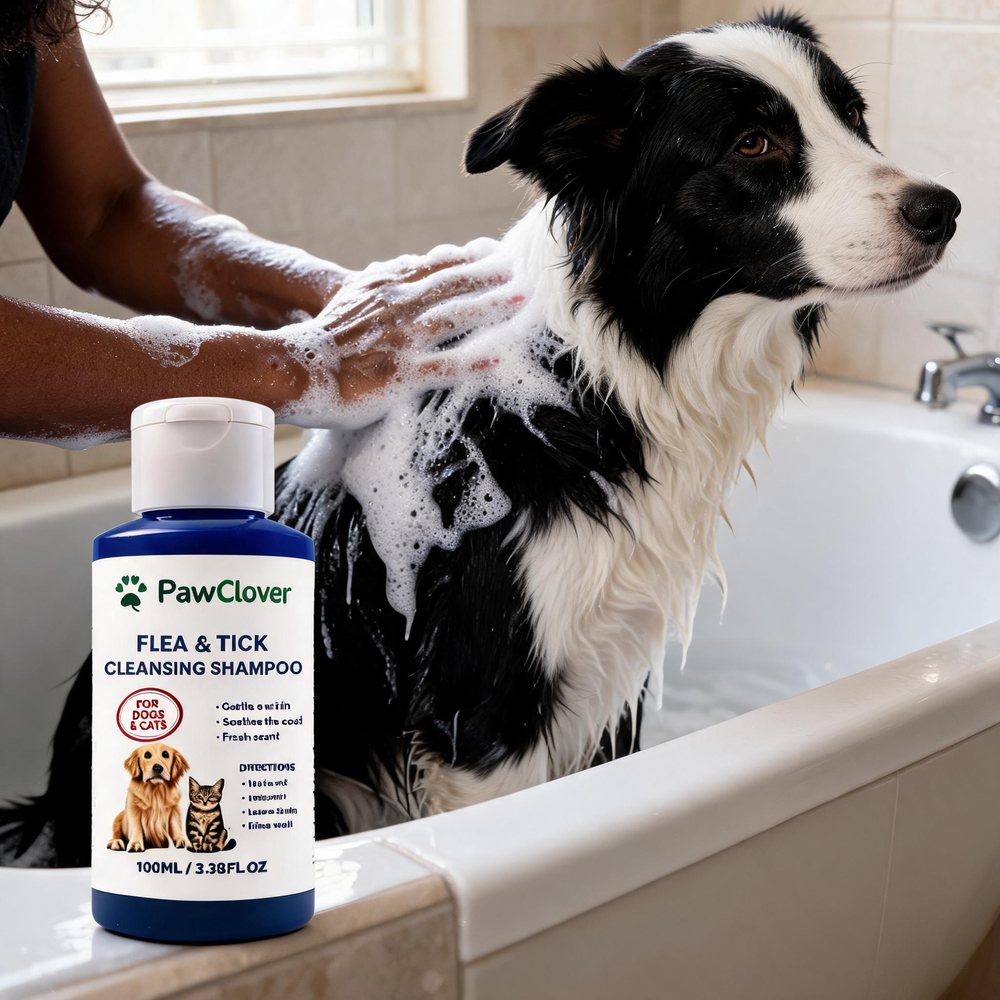 Hands lathering PawClover shampoo into a border collie in the bathtub