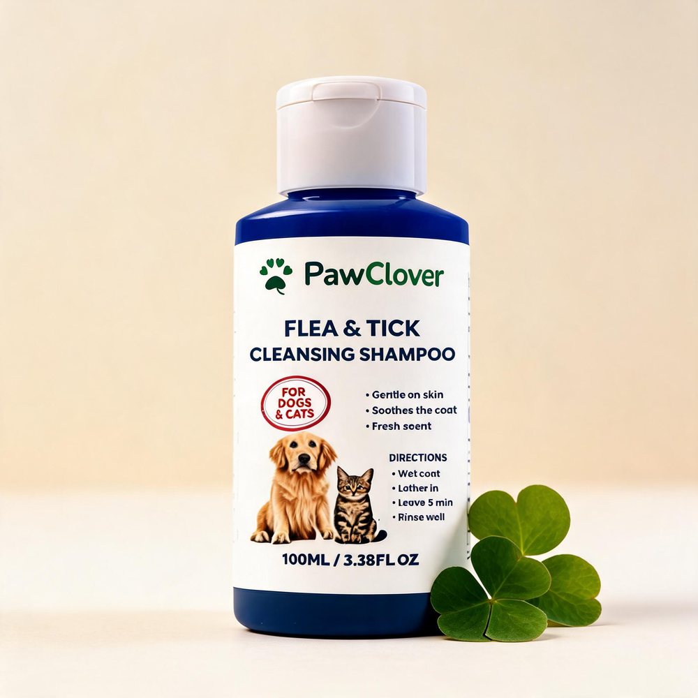 PawClover shampoo bottle with fresh clover leaves
