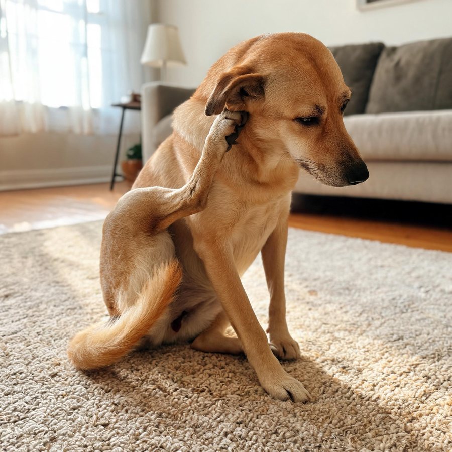 A tan dog scratching behind its ear on a living room rug