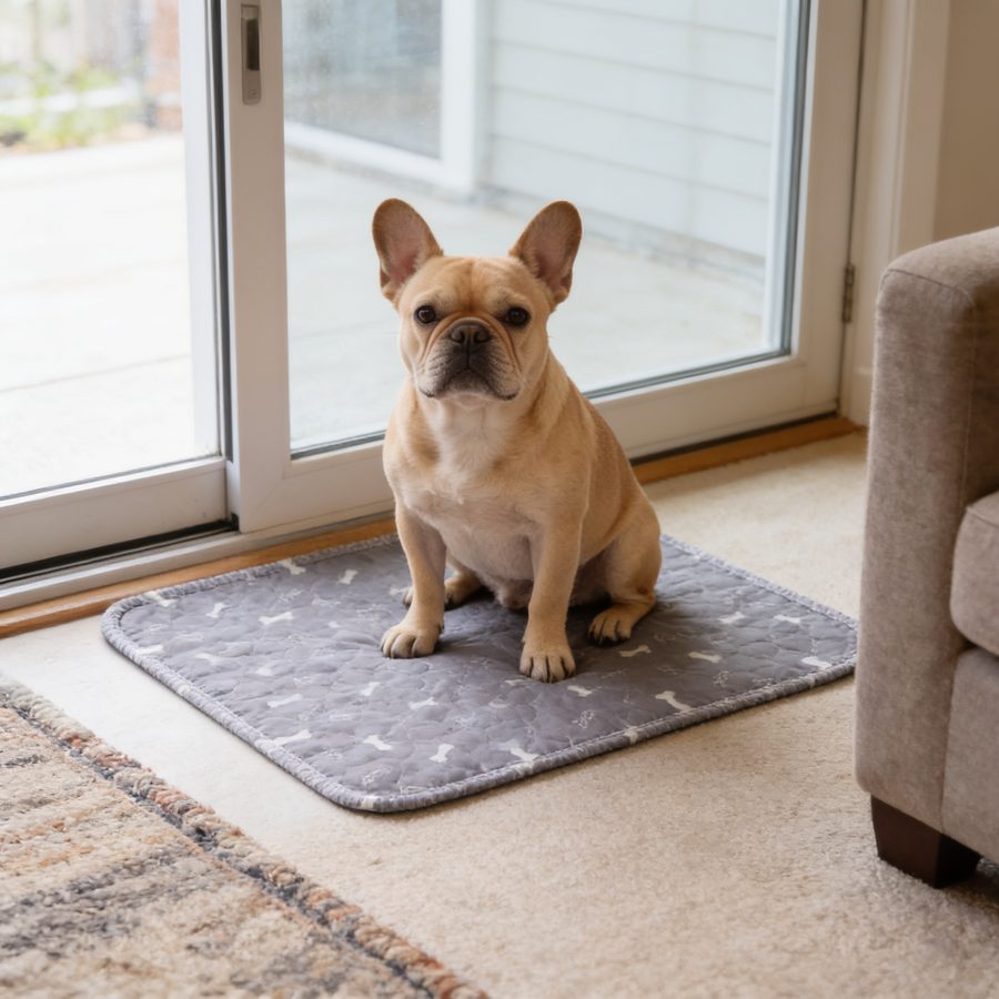 French bulldog sitting on a Gray PawClover pad by the back door
