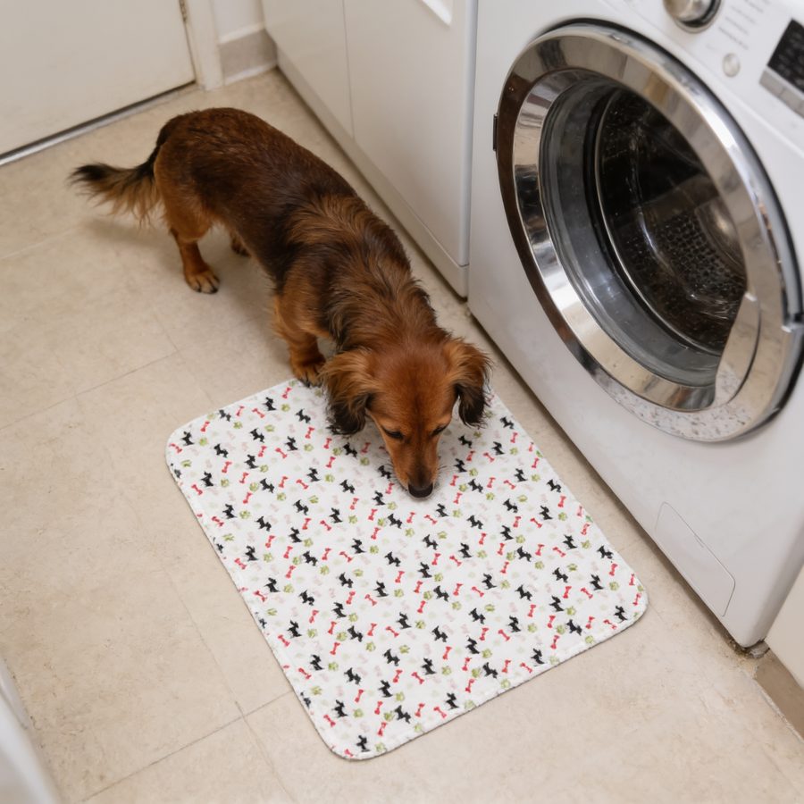 Dachshund sniffing the center of a White pad in the laundry room