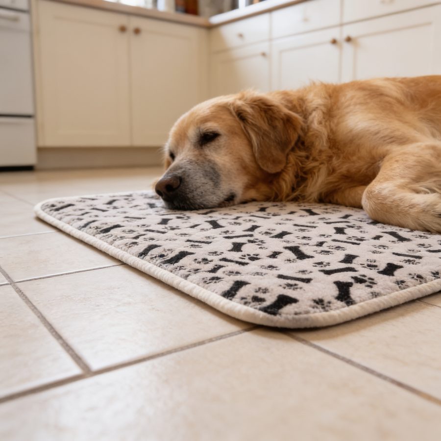 Senior golden retriever resting on a Beige pad on the kitchen floor