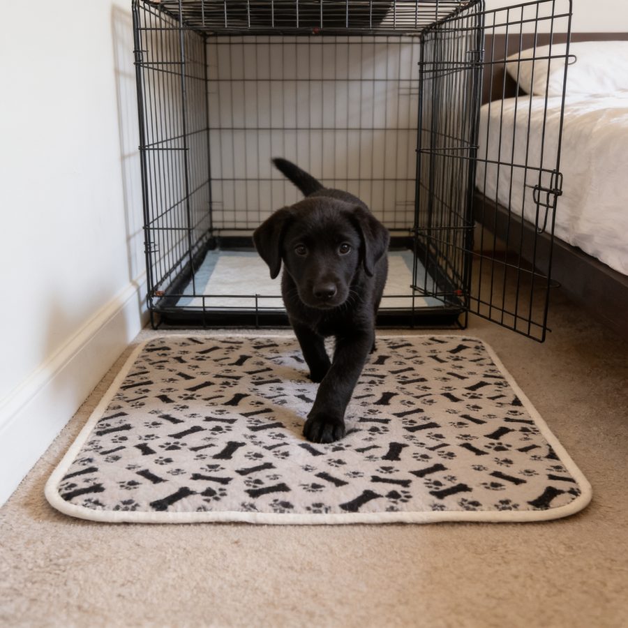 Labrador puppy stepping onto a Beige pad in front of its crate
