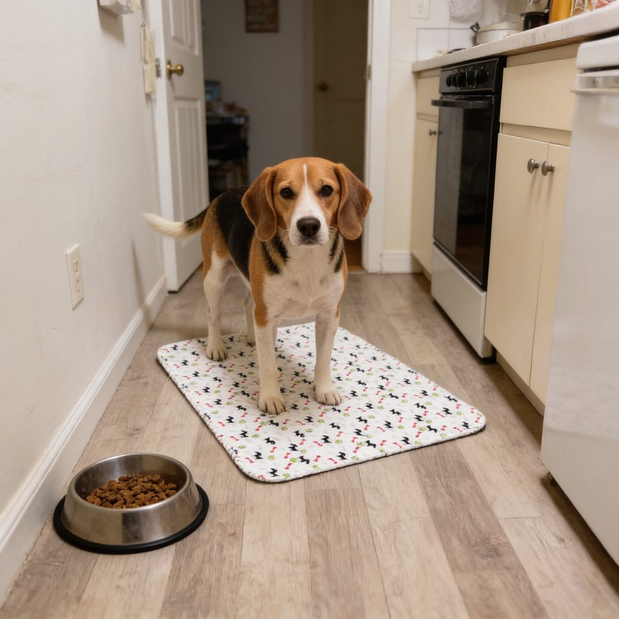 Beagle standing on a White pad in a kitchen