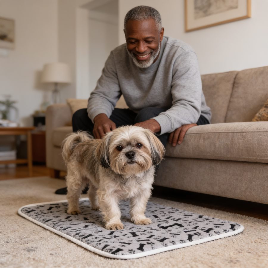 Shih tzu standing on a Beige pad in a living room