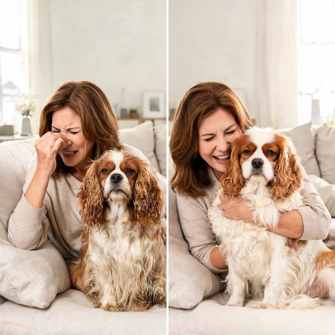 An owner put off by her dog's smell at the start, hugging the same dog with use