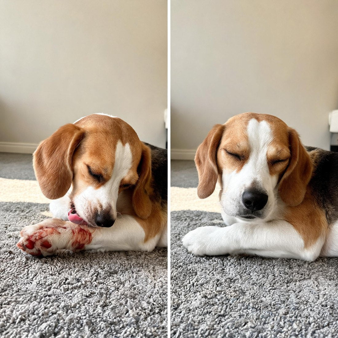 A beagle chewing a sore paw at the start and asleep with clean paws with use